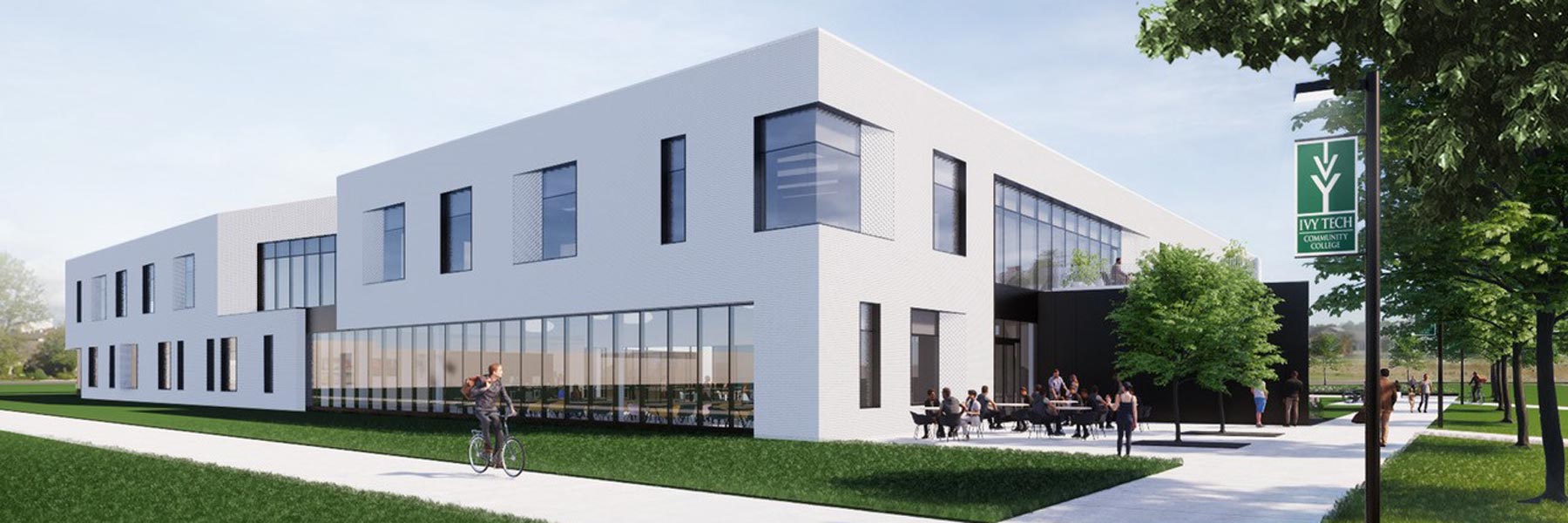 A architectural rendering of a white building created for Ivy Tech in Columbus, Indiana.